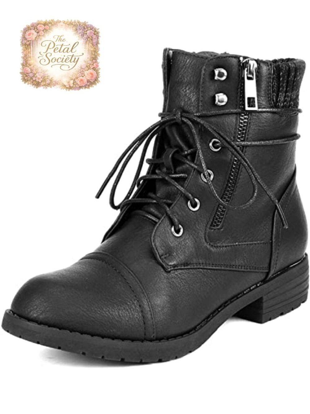 Women's Faux Leather Lace Up Combat Ankle Booties Low Stacked Heel Zip